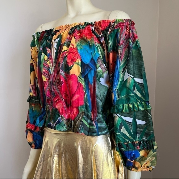 Nwt Rachel Zoe Women’s Tropical Butterfly 1/4 Sleeve Off shoulder Cropped Top L - Picture 2 of 16